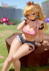 1girls 2d ai_generated ass back bare_shoulders big_ass big_breasts blonde_hair blue_eyes collar corrupted corruption crown day denim_shorts erophoenix evil_grin evil_smile female female_focus full_body fur_lined_shorts jewelry long_hair looking_at_viewer mario_(series) nintendo outdoors pale_skin pale_skinned_female patreon_username princess_peach shorts sitting sky smile solo sports_bra super_mario_bros. super_smash_bros. thick thick_thighs uncensored