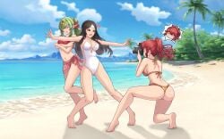 3girls angry angry_face anna_(fire_emblem) anna_(fire_emblem_awakening) ass back back_view bare_legs bare_midriff beach bikini black_hair blue_sky camera covering_breasts covering_self female fire_emblem fire_emblem_awakening green_hair legs midriff nintendo nirainini ocean one-piece_swimsuit protecting protective red_bikini red_hair red_swimsuit say'ri_(fire_emblem) sunny swimsuit swimwear taking_picture tiki_(fire_emblem) tiki_(fire_emblem)_(adult) white_one-piece_swimsuit white_swimsuit yellow_bikini yellow_swimsuit