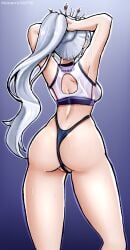 1girls adjusting_hair alternate_version_available ass back back_view backboob bare_legs big_ass breasts female female_only hair headwear huge_ass legs morbite no_shorts ponytail rwby shorts shorts_removed solo solo_female sports_bra sports_uniform sportswear sweat sweatdrop thighs thong topwear weiss_schnee white_hair
