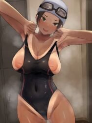 1girls areolae big_breasts breasts camonome female female_only hi_res highres inverted_nipples looking_at_viewer nipples original shaved_pussy solo solo_female standing swimsuit tan-skinned_female tan_body tan_skin tanline