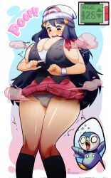 1girls 1pokemon accident accidental_circumstance adult adult_female aged_up beengineer big_breasts blue_hair blue_hair_female blush breast_expansion breasts child_bearing_hips clothed_female clothrd dawn_(pokemon) dress embarrassed embarrassed_female female female_focus hips large_boobs large_breasts mature mature_female mature_woman nintendo piplup pokemon shocked shocked_expression thick_thighs thighs tight_clothing tight_fit underwear white_underwear