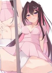 ass ass_lift azki_(hololive) breasts brown_hair choumei_(qca012005) dress female female_masturbation hair_ornament hairpin highres hololive hololive_gen_0 hololive_japan jewelry large_breasts licking_lips masturbation mole mole_under_eye multiple_views necklace pink_dress pink_hair pole pole_dancing spread_legs tongue tongue_out