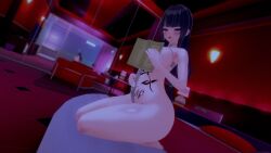 black_hair book feet female female koikatsu looking_at_viewer mature_female milf nail_polish piercing sitting_on_bed solo_female string_bikini tattoo thick_thighs