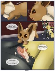 2017 after_sex anal anal_knotting anal_sex anus black_fur brown_eyes brown_fur closed_eyes comic cum cum_in_ass cum_inside eevee eeveelution english_text female feral fur group jolteon knotting male nintendo open_mouth outside pawpads paws penetration penis pokémon_(species) pokemon sex text tongue tongue_out umbreon video_games xxgato yami yaoi yellow_fur