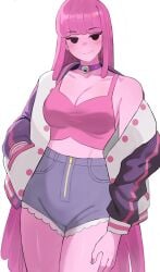 1girls adventure_time black_eyes breasts choker closed_mouth colored_skin commentary crop_top english_commentary female hand_on_own_hip high-waist_shorts highres jacket jourd4n large_breasts long_sleeves looking_at_viewer nail_polish open_clothes open_jacket pink_hair pink_nails pink_skin princess_bubblegum purple_choker purple_jacket shorts simple_background smirk solo thighs white_background zipper
