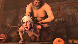 3d cd_projekt_red ciri endured_face fat_man hair_pull hat indoors jonysambel male nude phillip_strenger pulling_hair size_difference the_witcher the_witcher_(series) the_witcher_3:_wild_hunt white_hair