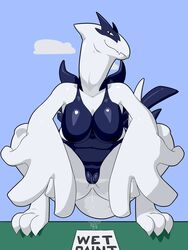 2017 absurd_res anthro breasts cloud crouching digital_media_(artwork) dripping english_text female front_view hi_res juzztie legendary_pokémon looking_at_viewer lugia nintendo nipples nude outside pokemon pokemon_(species) pussy pussy_juice sky slightly_chubby smile solo spread_legs spreading tempest_(xsomeonex) text video_games