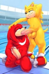 ai_generated blowjob blowjob_face erect_penis knuckles_the_echidna sonic_the_hedgehog sucking_penis super_sonic