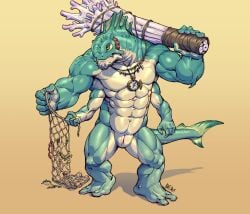 4_arms abs animal_genitalia animal_humanoid anthro beralin biceps fish fish_humanoid fishing_net genital_slit genitals hi_res humanoid male marine marine_humanoid multi_arm multi_limb muscular muscular_anthro muscular_male net pecs solo tail triceps
