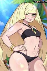 absurdres arched_back artist_name bikini black_bikini blannis blannis_art blonde_hair blue_sky bracelet breasts closed_mouth collarbone covered_erect_nipples day eyebrows eyelashes female female_focus green_eyes hands_on_own_hips highres jewelry lips long_hair looking_at_viewer looking_to_the_side lusamine_(pokemon) mature_female navel necklace nintendo outdoors pokemon pokemon_(anime) pokemon_sm049 pokemon_sm_(anime) sky small_breasts solo standing sun swimsuit wide_hips
