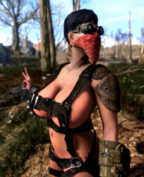 1girls 3d bandana big_breasts bikini breasts chubby cleavage fallout fallout_4 female gesture goggles huge_breasts leather liza outdoors outside posing punk short_hair sole_survivor straps thick v