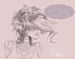 black_and_white disembodied_penis drooling elf elf_ears elf_female heart large_penis lizbeth_(sweety_piou) nnn no_nut_november sweety_piou tank_top text_bubble veiny_penis