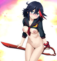 black_hair blue_eyes blush bottomless breasts female female_only fingerless_gloves gloves groin harukigenia highres kill_la_kill matoi_ryuuko medium_breasts multicolored_hair navel nipples nude red_hair school_uniform scissor_blade senketsu serafuku shirt_lift single_glove smile solo two-tone_hair