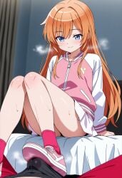 ai_generated artist_request blue_eyes crossdressing femboy femboydom gay girly orange_hair original original_character original_characters otoko_no_ko otokonoko sitting smile stomping stomping_on_dick trap twink