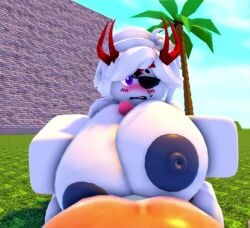 1boy 1girls 3d animated big_areola big_breasts big_penis blush boobjob boobjob_during_fellatio cum dark_skinned_male eyepatch gameplay grass_field gray_areola gray_nipples longer_than_30_seconds male_pov paizuri palm_tree purple_eyes red_horns roblox roblox_game roblox_studio robloxian shorter_than_one_minute sound tagme video white_hair white_skinned_female whorblox_adventure