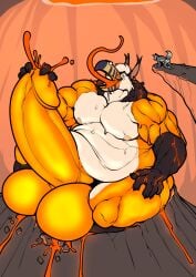 anthro ass avian balls beak belly big_balls big_penis bird brown_body canine cock dick ear_piercing ear_tuft earrings flexing furry gay head_tuft homosexual hyper hyper_balls hyper_penis lava male male_only muscles muscular muscular_male penis piercing sequence stripes tail testicles tongue tongue_out trencalos wolf yellow_body