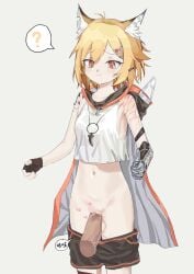 1boy ? absurdres animal_ear_fluff animal_ears arknights armor bare_shoulders black_gloves blonde_hair chinese_commentary clothes_pull commentary_request crop_top cropped_shirt disembodied_penis female fingerless_gloves gauntlets gloves grey_background groin hair_ornament hairclip heart highres jewelry ke'ai_de_ri_bao material_growth navel orange_eyes oripathy_lesion_(arknights) pendant penis sex shirt short_hair shorts shorts_pull simple_background single_gauntlet sleeveless sleeveless_shirt spoken_question_mark standing standing_sex straight uncensored vaginal_penetration vermeil_(arknights) white_shirt