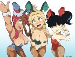 3girls big_breasts bunny_ears bunnysuit crossover dungeon_meshi female female_focus female_only huge_breasts kimiko_tohomiko long_hair marcille_donato monke_brush nintendo pokemon skyla_(pokemon) voluptuous voluptuous_female xiaolin_showdown
