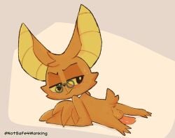 anthro ass balls bat big_butt blush bodily_fluids breasts chikn_nuggit dialogue digital_media_(artwork) erection eyewear fur genitals glasses hi_res looking_back male mammal necktie notsafeforwanking nude onyn_ring_(chikn_nuggit) orange_body penile penis presenting simple_background solo tail