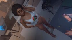 1girls 3d 3d_(artwork) 3d_model 3d_render alternate_version_available bottomless brown_eyes brown_hair classroom clementine_(the_walking_dead) dark-skinned_female dark_skin feet female female_focus female_only footwear glasses irispoplar legs navel nudity petite sandals shirt shirt_only short_hair slim small_breasts source_filmmaker standing the_walking_dead the_walking_dead_game