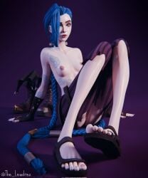 1girls 2025 3d 3d_(artwork) alternate_version_available alternately_painted_toenails arcane arcane_jinx areolae ass barefoot blender blue_eyes blue_hair breasts feet female female_only half-dressed half_naked highres jinx_(league_of_legends) league_of_legends lewdrex long_hair looking_at_viewer netflix nipples pants petite petite_body ponytail presenting_breasts presenting_feet presenting_pussy pussy pussy_lips pussy_peek riot_games ripped_clothing ripped_pants showing_off simple_background sitting small_breasts tattoo tattoos teenage_girl teenager vagina very_long_hair watermark