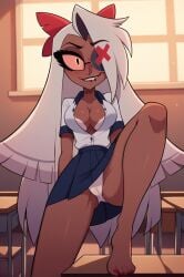 ai_generated barefoot blue_skirt blush breasts classroom cleavage dark_skin desk female indoors long_hair medium_breasts panties school_desk shirt skirt smile solo underwear very_long_hair white_panties