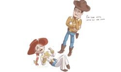 1boy 1girls concerned cum cum_on_body cum_on_face disney female greentext jessie_(toy_story) male meme_reference no_nudity on_the_ground pixar text toy_story toy_story_2 walt_disney_pictures woody_pride