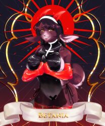 barbell_piercing brown_fur brown_hair clasped_hands ear_piercing elbow_gloves goat goat_ears goat_eyes goat_horns horns kicakaki latex latex_clothing latex_dress latex_gloves latex_nun nipple_piercing nipples_visible_through_clothing nun nun's_habit praying pussy_tape red_horns red_latex shoulderless_dress side-tie_clothing sideboob smiling smiling_at_viewer tape thigh_highs transparent_clothing yellow_eyes