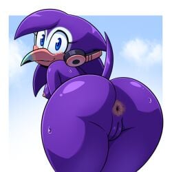 2025 anthro anus areola ass avian beak bent_over biped bird blue_eyes blush blush_lines bodily_fluids breasts electronics fan_character female genitals headphones headphones_around_neck hi_res hyoumaru looking_at_viewer looking_back looking_back_at_viewer nipples nude oc presenting presenting_hindquarters purple_body pussy raised_tail rear_view sega simple_background small_breasts solo sonic_the_hedgehog_(series) sweat tail toucan