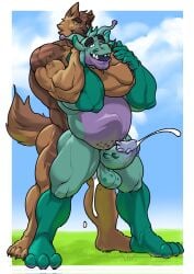 anthro ass balls belly belly_bulge brown_body canid canine canine_penis canis claws cock cum dal_(dal_your_pal) dick domestic_dog dragon furry gay german_shepherd green_body homosexual male male/male male_only male_penetrating markings muscles muscular muscular_male penetration penis pubes pubic_hair purple_body reptile semen sex spots stomach_bulge stripes tail testicles tongue tongue_out trencalos tusks vein