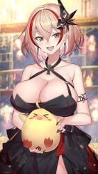 >_< :d armlet azur_lane bare_shoulders black_dress blonde_hair blush breasts brown_eyes cleavage collarbone cross dress earrings female fingernails hair_between_eyes hair_ornament head_tilt highres iron_cross jewelry large_breasts looking_at_viewer manjuu_(azur_lane) multicolored_hair official_alternate_costume open_mouth photoshop_(medium) red_hair red_nails roon_(azur_lane) roon_(dark_red_grin)_(azur_lane) short_hair signature smile streaked_hair takamine_nadare