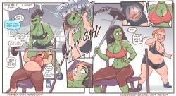 1bit-deviant breast_expansion breasts dialogue duo dwarf dwarf_female english_text expansion female female/female genitals green-skinned_female green_skin hi_res humanoid indoors light-skinned_female light_skin muscular orc orc_female overweight pussy pussy_expansion transformation weight_gain wish