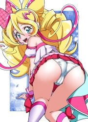 1girls all_fours asortofcolorfag ass blue_eyes blush calves colorized cure_idol drill_hair ear_piercing female from_behind full-face_blush hair_between_eyes hair_ribbon highres idol kimi_to_idol_precure light-skinned_female long_hair looking_at_viewer looking_back magical_girl miyagoe_yoshitsuki open_mouth panties piercing pink_ribbon precure pretty_cure ribbon sakura_uta smile solo teeth toei_animation upper_teeth_only very_long_hair
