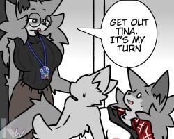 ambiguous_penetration anthro areola black_clothing black_sweater black_topwear bottomless breasts canid canine canis caught_in_the_act clothed clothing clothing_lift eyewear female fur glasses grey_body grey_fur group hi_res implied_incest kangwolf larger_female male male/female mammal penetration shirt size_difference sweater tina_(kangwolf) topwear trio wolf