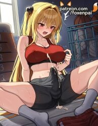 1girls 2025 ai_generated artist_name basketball blonde_hair breasts breasts breasts bulge bust chest cock covered_nipples cum dick ejaculation erection erection_under_clothes female foxenpai futanari gym_storeroom hair_intakes hi_res high_quality high_resolution highres konjiki_no_yami legs_apart legs_spread long_hair open_legs patreon patreon_username penis projectile_cum red_eyes shorts socks solo splayed_legs sports_bra spread_legs stable_diffusion sweat testicles to_love-ru to_love-ru_darkness trembling vaulting_horse watermark