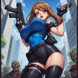1girls ai_generated big_breasts blue_eyes blush brown_hair brunette_hair city_background female female_focus gun jill_valentine_(cosplay) large_breasts looking_at_viewer may_(pokemon) miniskirt pokemon red_lips red_lipstick resident_evil_3 strapless strapless_top zombie zombies