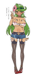 1girls :d alternate_breast_size areola_slip areolae belt body_writing breasts breath bruise cleavage collar dark-skinned_female dark_skin earrings female fishnet_legwear fishnets flower full_body garter_belt garter_straps green_eyes green_hair hair_flower hair_ornament hanauna heart heart-shaped_pupils heart_pasties highres huge_breasts human injury jean_shorts jewelry long_hair mallow_(pokemon) navel nintendo open_mouth pasties pokemon pokemon_sm pussy_juice red_shoes shoes short_shorts simple_background smile solo symbol-shaped_pupils tears teeth thighhighs trembling underboob v vibrator vibrator_under_clothes white_background