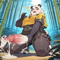 (titancore) adult after_transformation ai_generated animal_humanoid bamboo_forest cum cum_drip cumspilling embarrassed fat_ass female furry_only fusion futa_only futanari genderswap huge_cock ju_fufu masturbation merging pan_yinhu panda rule_63 transformation video_game_character zenless_zone_zero