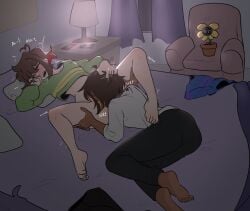 1boy 2others androgynous ass black_pants blush brown_hair chara cuck_chair feet fellatio flowey_the_flower frisk green_sweater huff meekzhyu on_bed orgasm orgasm_face red_eyes undertale