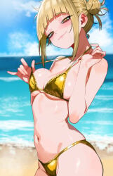 asian asian_female baggy_eyes beach beach_background big_breasts blonde_hair breasts eyeshadow female gold_(metal) gold_eyes golden_bikini golden_eyes golden_week himiko_toga long_eyelashes looking_at_viewer my_hero_academia navel sand slender_body slim_waist slit_pupils smug smug_face smug_grin soft_breasts standing teasing teasing_viewer teasing_with_breasts villainess water wide_hips yellow_eyes yellow_hair zd_(pixiv6210083)