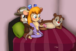 anthro anthro_on_anthro bed blush breasts chip chip_'n_dale_rescue_rangers chipmunk clothed clothing clothing_lift dale disney eyelashes female gadget_hackwrench group lying male mammal mouse navel nipples nude on_bed on_side penis_ribbon ribbons rodent semi-anthro straight tcraw