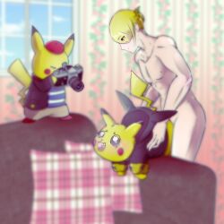 absurd_res ahe_gao ambiguous_penetration camera clothed clothed_feral clothing feral generation_1_pokemon group hi_res holowear_(pokemon) human human_on_feral interspecies looking_pleasured male male/male mammal nintendo nude_male penetration pikachu pokemon pokemon_(species) pokemon_unite pokephilia tapirclip trio video_camera volo_(pokemon) zoophilia