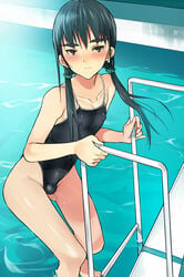 1boy androgynous blue_hair blush brown_eyes bulge climbing coin_rand competition_school_swimsuit crossdressing earrings erect_nipples erection erection_under_clothes femboy getting_out_of_pool highleg highleg_swimsuit hips jewelry low_twintails male male_only nipples one-piece_swimsuit original pool pool_ladder poolside school_swimsuit solo swimsuit thighs trap twintails water