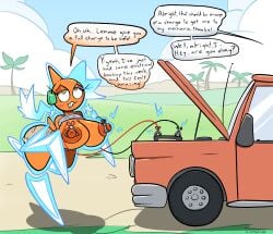 after_transformation blue_hair breasts burnet_(pokemon) car car_battery chabble electrical_hair electricity jumper_cables large_breasts lifted_top nipple_clamps nipples orange_body pokemon pokemon_(species) pokemon_sm rotom rotom_burnet_(chabble) shorts transformation truck yellow_eyes
