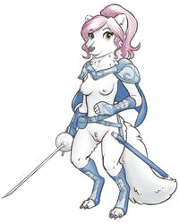 2019 4_toes 5_fingers anthro arctic_fox areola breasts canid canine cape clothing digitigrade female fingers fox hair landing_strip mammal melee_weapon nipples nude paladin pink_hair pussy solo sword toes unimpressive_(artist) weapon yellow_eyes