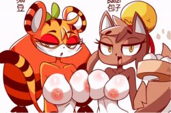 2019 :3 animated anthro baozi_(diives) biped breast_squish breasts brown_fur bun_cover canid dou_(diives) duo felid female fur furry hair_bun hip_tuft light_fur lucyfercomic mammal multicolored_fur nipples nude orange_fur original original_character original_characters pale_fur pantherine simple_background squish stripes tiger two_tone_fur white_background white_fur xingzuo_temple yellow_eyes