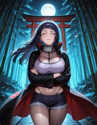 ai_generated arms_under_breasts bamboo bamboo_forest black_coat black_hair black_shorts blunt_bangs blush boruto:_naruto_next_generations breasts cleavage closed_mouth coat cowboy_shot crop_top crossed_arms female fishnet_pantyhose fishnet_top fishnets floating_hair forehead_protector forest full_moon highleg highleg_panties hyuuga_hinata jacket konohagakure_symbol large_breasts lips long_hair long_sleeves looking_at_viewer midriff moon naruto naruto_(series) naruto_shippuden nature navel night night_sky open_clothes open_coat outdoors pantyhose purple_eyes short_shorts shorts sky smile solo stomach thigh_gap torii white_eyes wumpart