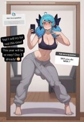 1futa 2025 ai_generated areola_slip areolae balls big_balls big_breasts big_penis blue_eyes blue_hair blush breasts bulge bulge_down_leg bulge_through_clothing cleavage dialogue futa_only futanari gwen_(league_of_legends) hair_ornament horny horny_futa huge_balls huge_breasts huge_cock hung_futa hyper_balls hyper_penis instagram instagram_story intersex league_of_legends looking_at_viewer nnn no_nut_november noonyx penis posing posing_for_picture posing_for_the_viewer precum precum_drip precum_string precum_through_clothing pubic_hair questions_and_answers sweat sweatdrop sweating sweaty text tight_clothing twintails