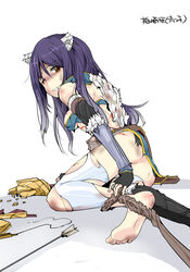 animal_ears arrow ass barefoot blood character_request clenched_teeth copyright_request feet female female fingerless_gloves injury long_hair mos1613 no_panties one_eye_closed purple_hair scratches simple_background soles solo staff toes torn_clothes white_background