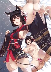 1boy :d agovitch animal_ears armpits arms_behind_back ass azur_lane bell black_hair blush breasts censored clenched_hand cowboy_shot cute_fang drooling erect_nipples eyebrows_visible_through_hair female floral_print furisode groin hair_ornament head_tilt heart heart_censor highres japanese_clothes jingle_bell kimono kimono_skirt large_breasts long_sleeves looking_at_viewer lying motion_lines multiple_views navel no_panties nude on_back open_mouth outstretched_arm pussy saliva sex short_hair skindentation smile spread_legs straight sweat testicles thighhighs vaginal_penetration white_legwear yamashiro_(azur_lane)